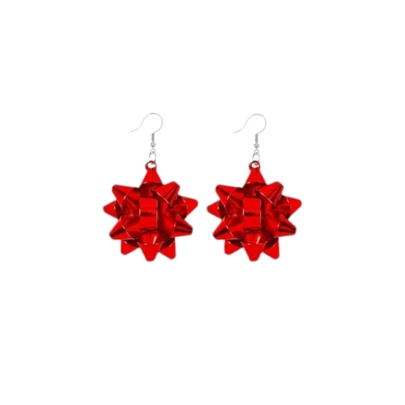 Red Shiny Ribbon Holiday Christmas Dangle Earrings - Picture 1 of 3